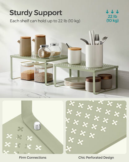 SONGMICS Spice Rack, Cabinet Shelf Organizers, Shelf Organizer, Countertop Organizer, Set of 2 Metal Kitchen Counter Shelves, Laurel Green