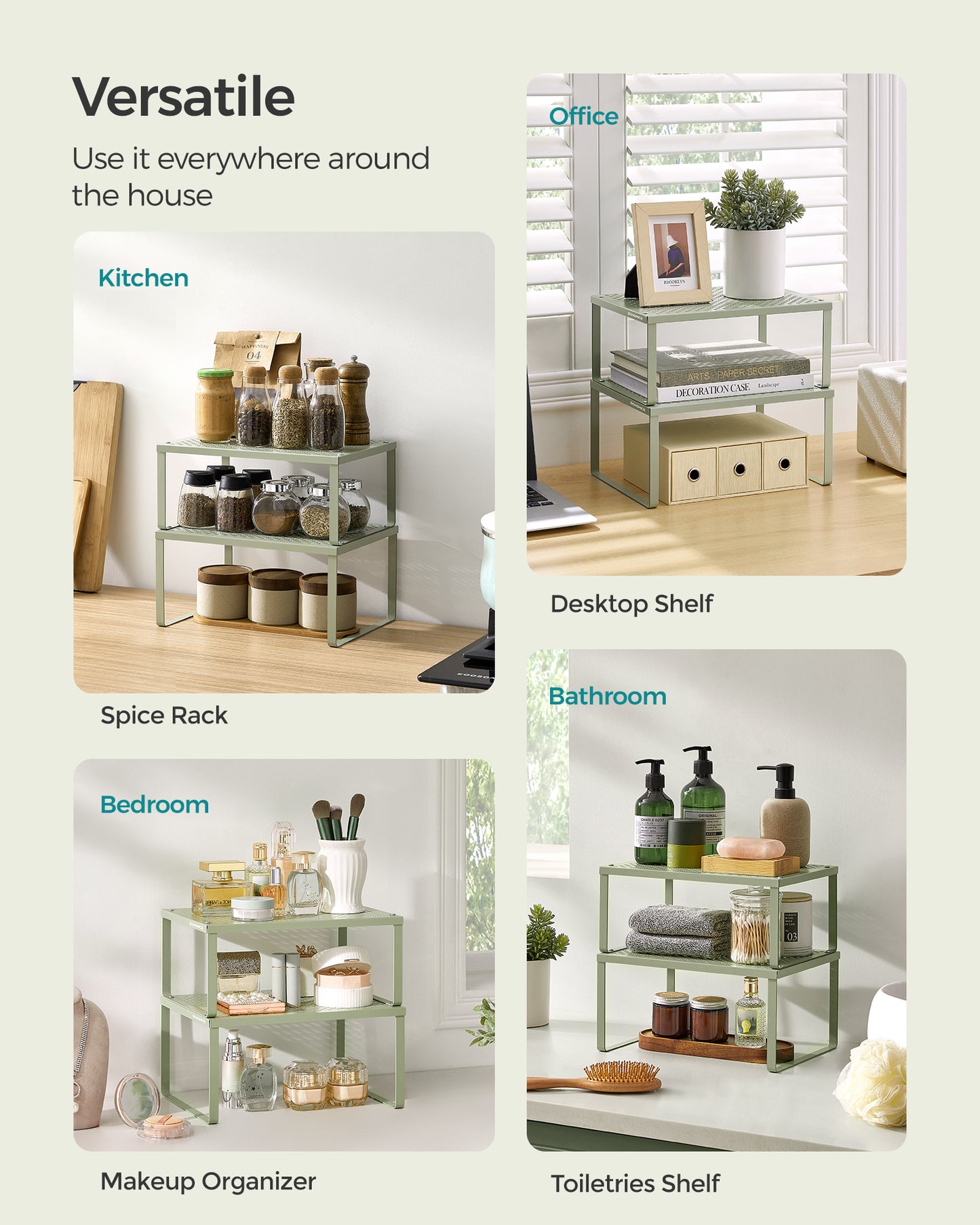 SONGMICS Spice Rack, Cabinet Shelf Organizers, Shelf Organizer, Countertop Organizer, Set of 2 Metal Kitchen Counter Shelves, Laurel Green