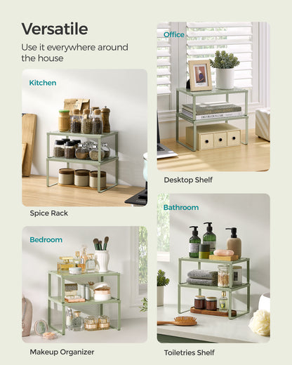 SONGMICS Spice Rack, Cabinet Shelf Organizers, Shelf Organizer, Countertop Organizer, Set of 2 Metal Kitchen Counter Shelves, Laurel Green