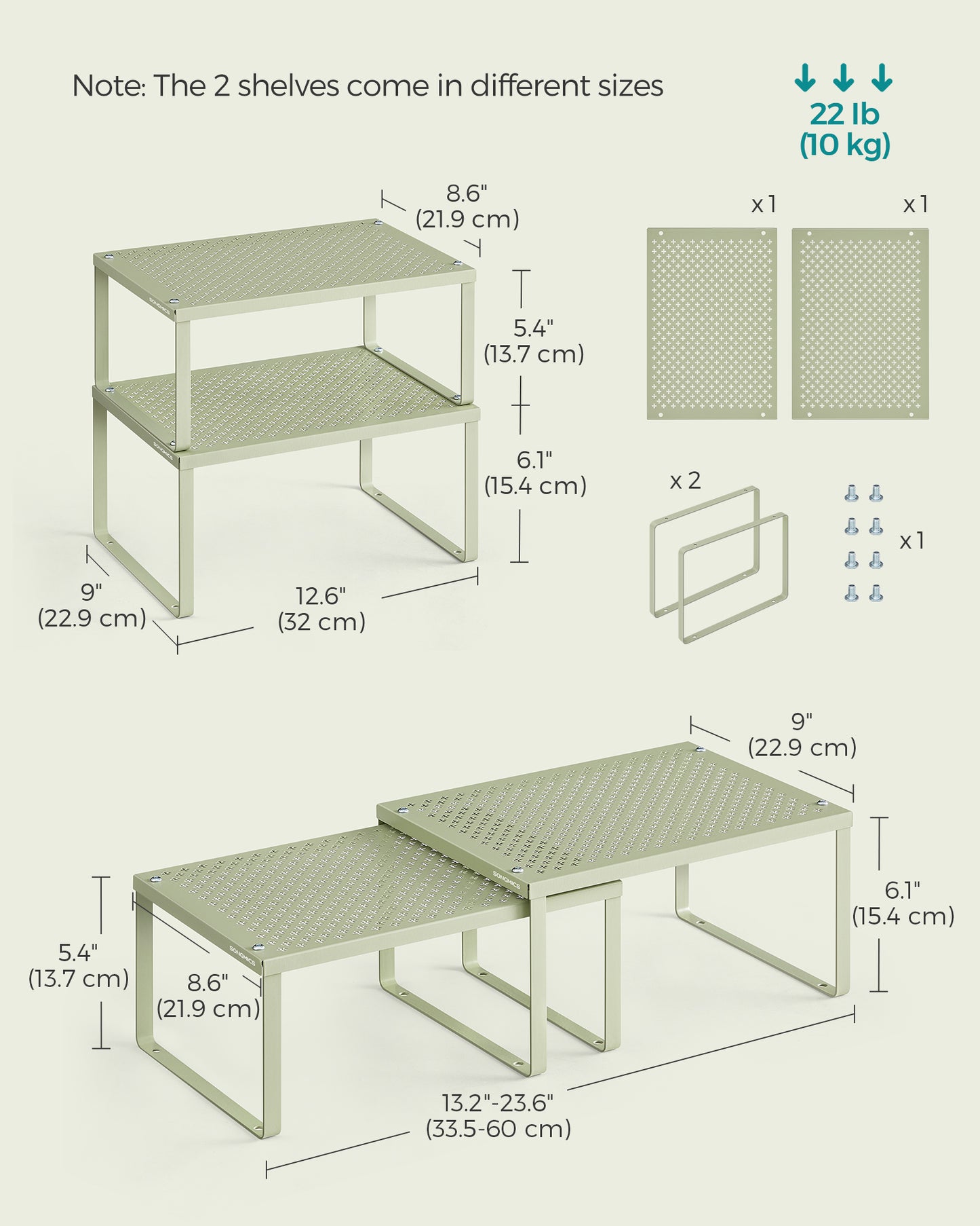 SONGMICS Spice Rack, Cabinet Shelf Organizers, Shelf Organizer, Countertop Organizer, Set of 2 Metal Kitchen Counter Shelves, Laurel Green