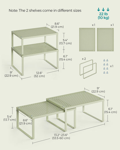 SONGMICS Spice Rack, Cabinet Shelf Organizers, Shelf Organizer, Countertop Organizer, Set of 2 Metal Kitchen Counter Shelves, Laurel Green