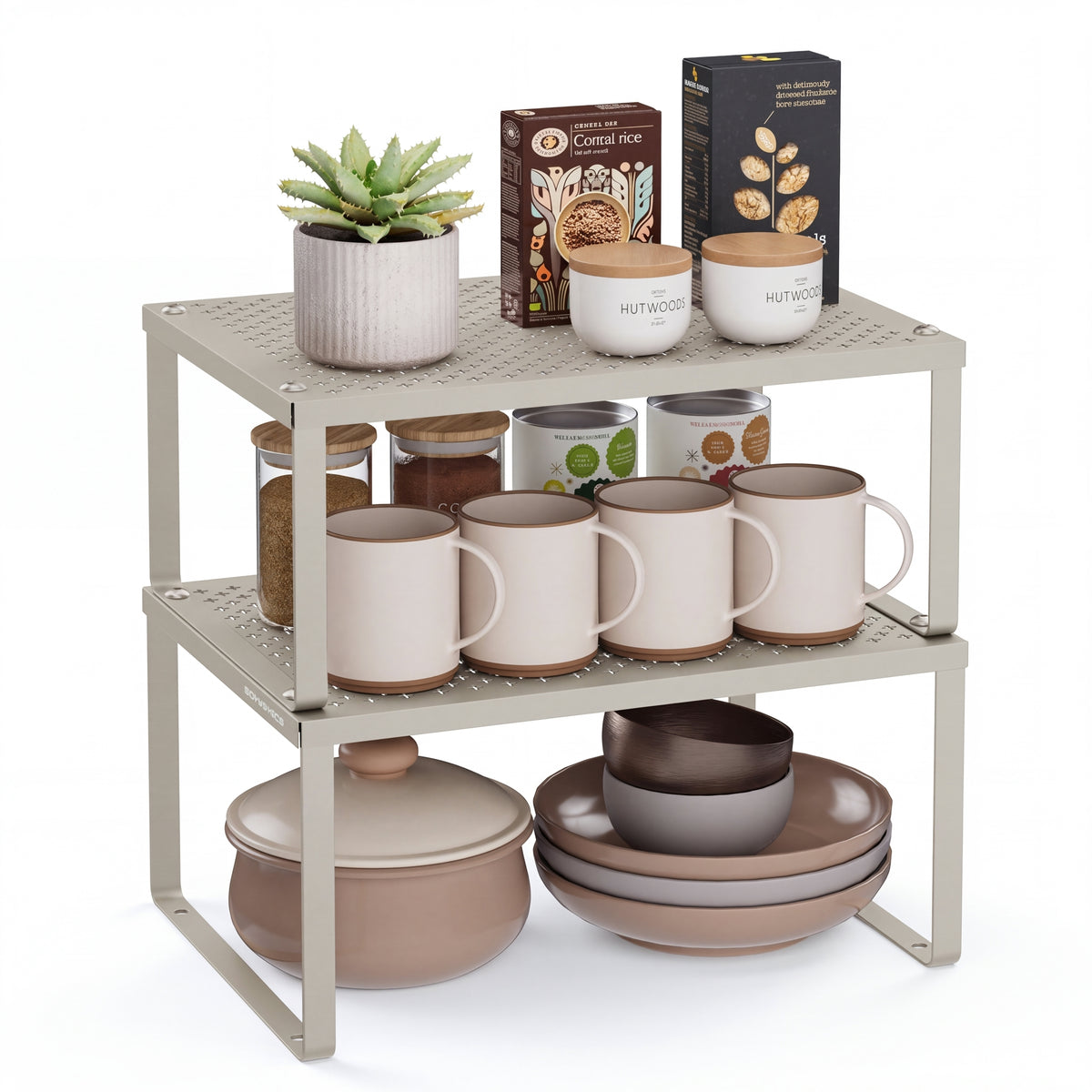SONGMICS Spice Rack, Cabinet Shelf Organizers, Shelf Organizer, Countertop Organizer, Shelf Riser, Stackable, Expandable, Set of 2 Metal Kitchen Counter Shelves, Oatmeal Beige