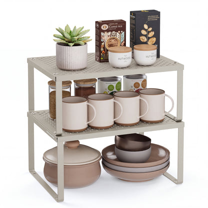 SONGMICS Spice Rack, Cabinet Shelf Organizers, Shelf Organizer, Countertop Organizer, Shelf Riser, Stackable, Expandable, Set of 2 Metal Kitchen Counter Shelves, Oatmeal Beige