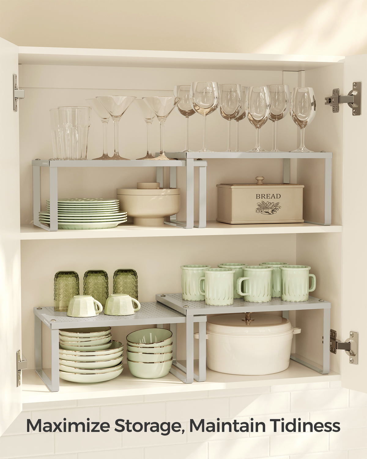 SONGMICS Spice Rack, Cabinet Shelf Organizers, Shelf Organizer, Countertop Organizer, Shelf Riser, Stackable, Expandable, Set of 2 Metal Kitchen Counter Shelves, Oatmeal Beige