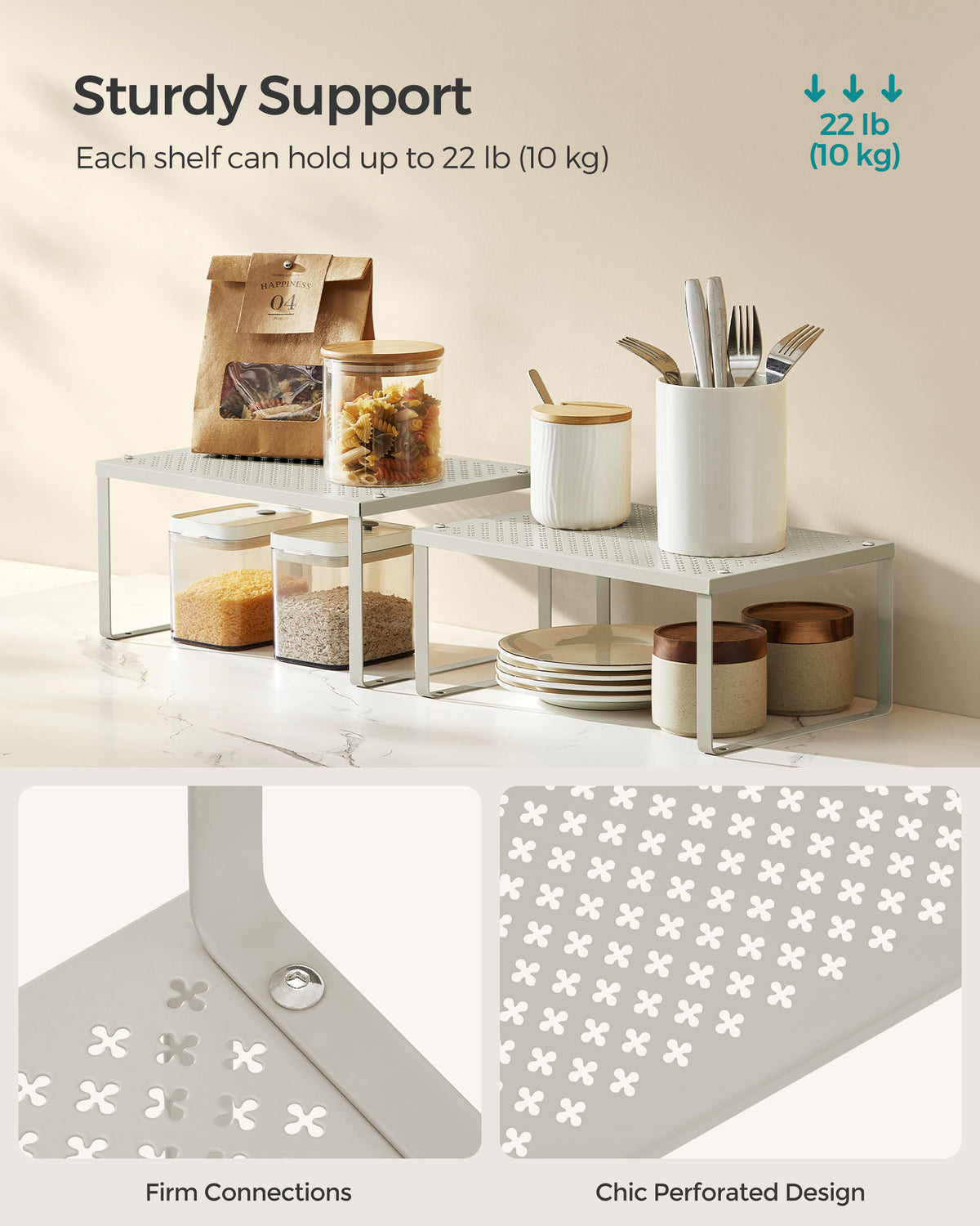 SONGMICS Spice Rack, Cabinet Shelf Organizers, Shelf Organizer, Countertop Organizer, Shelf Riser, Stackable, Expandable, Set of 2 Metal Kitchen Counter Shelves, Oatmeal Beige