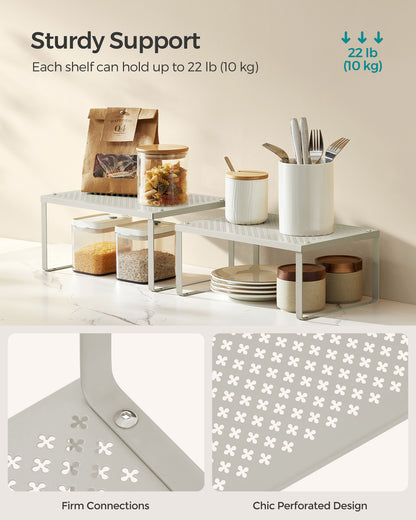 SONGMICS Spice Rack, Cabinet Shelf Organizers, Shelf Organizer, Countertop Organizer, Shelf Riser, Stackable, Expandable, Set of 2 Metal Kitchen Counter Shelves, Oatmeal Beige