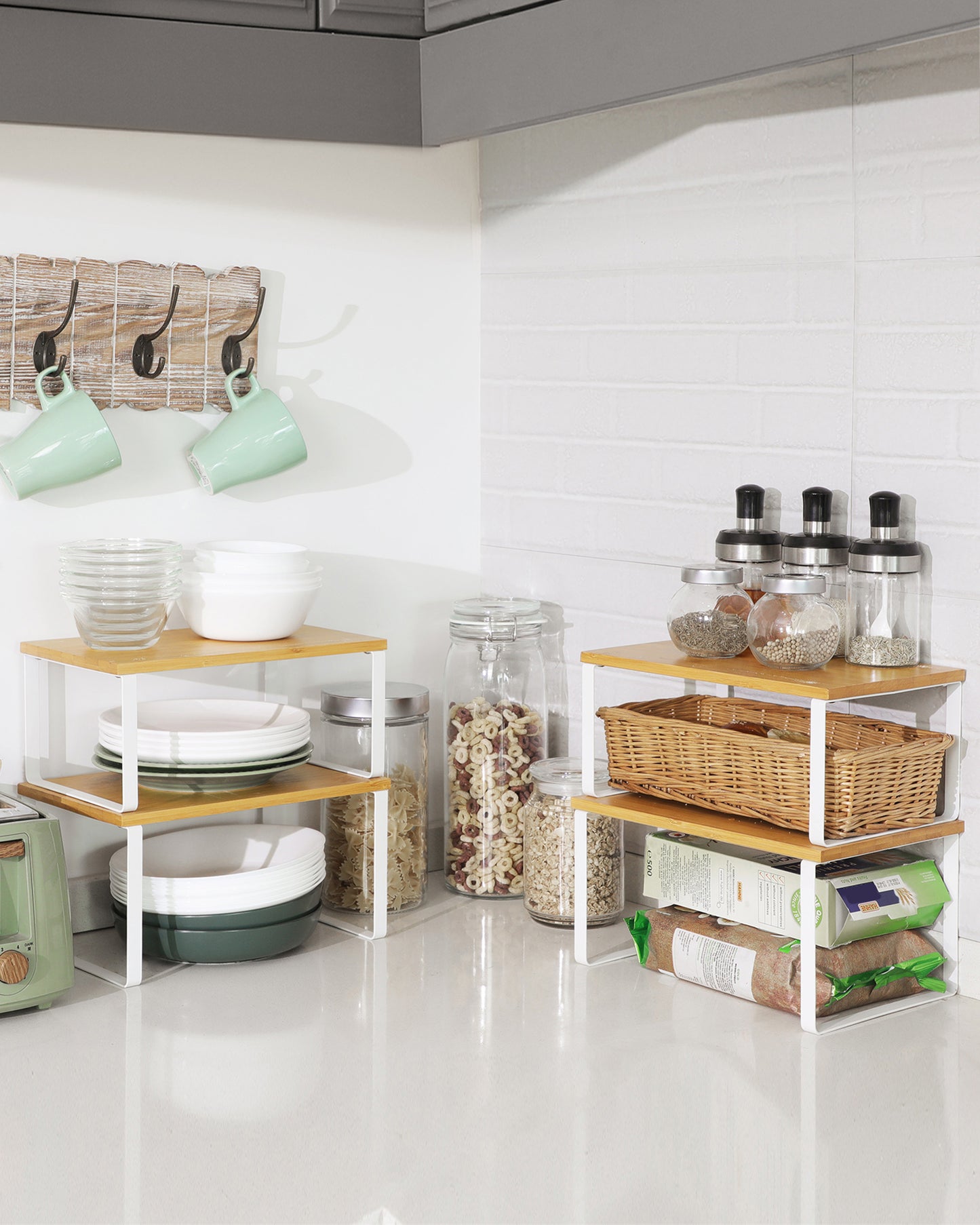 SONGMICS Cabinet Shelf Organizers, Set of 4 Kitchen Counter Shelves, Stackable, Expandable Spice Racks, Metal and Engineered Wood, White and Natural