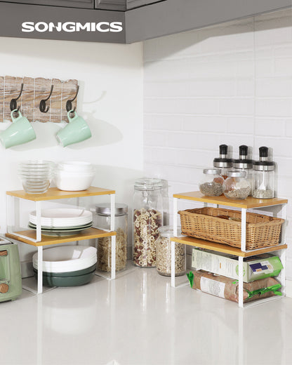 SONGMICS Cabinet Shelf Organizers, Set of 4 Kitchen Counter Shelves, Stackable, Expandable Spice Racks, Metal and Engineered Wood, White and Natural