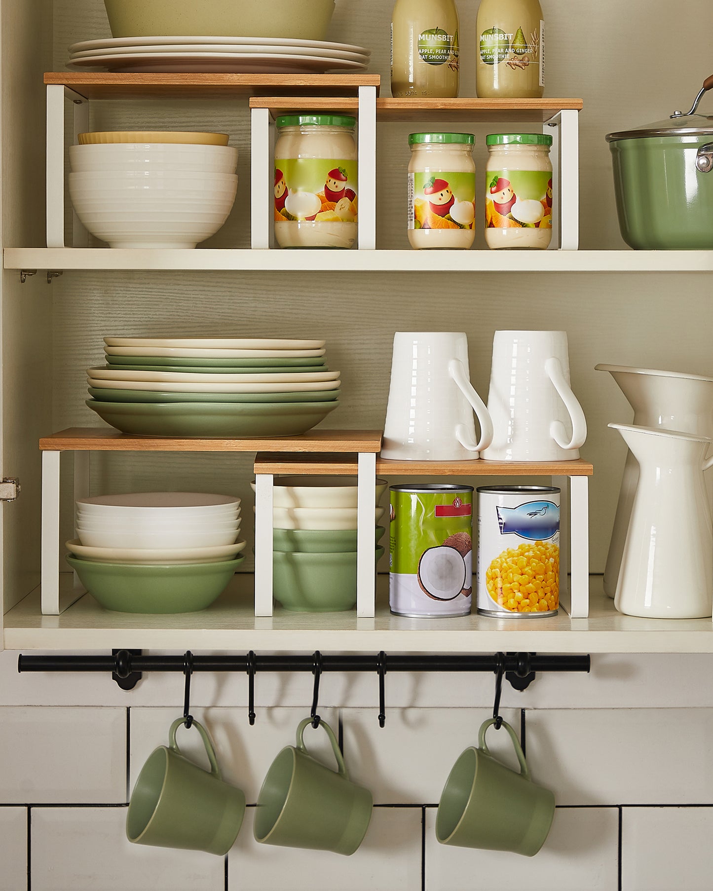 Cabinet Organizer Shelf, Set of 4 Kitchen Counter Shelves, Kitchen Storage, Spice Rack, Stackable, Expandable, Metal and Engineered Wood