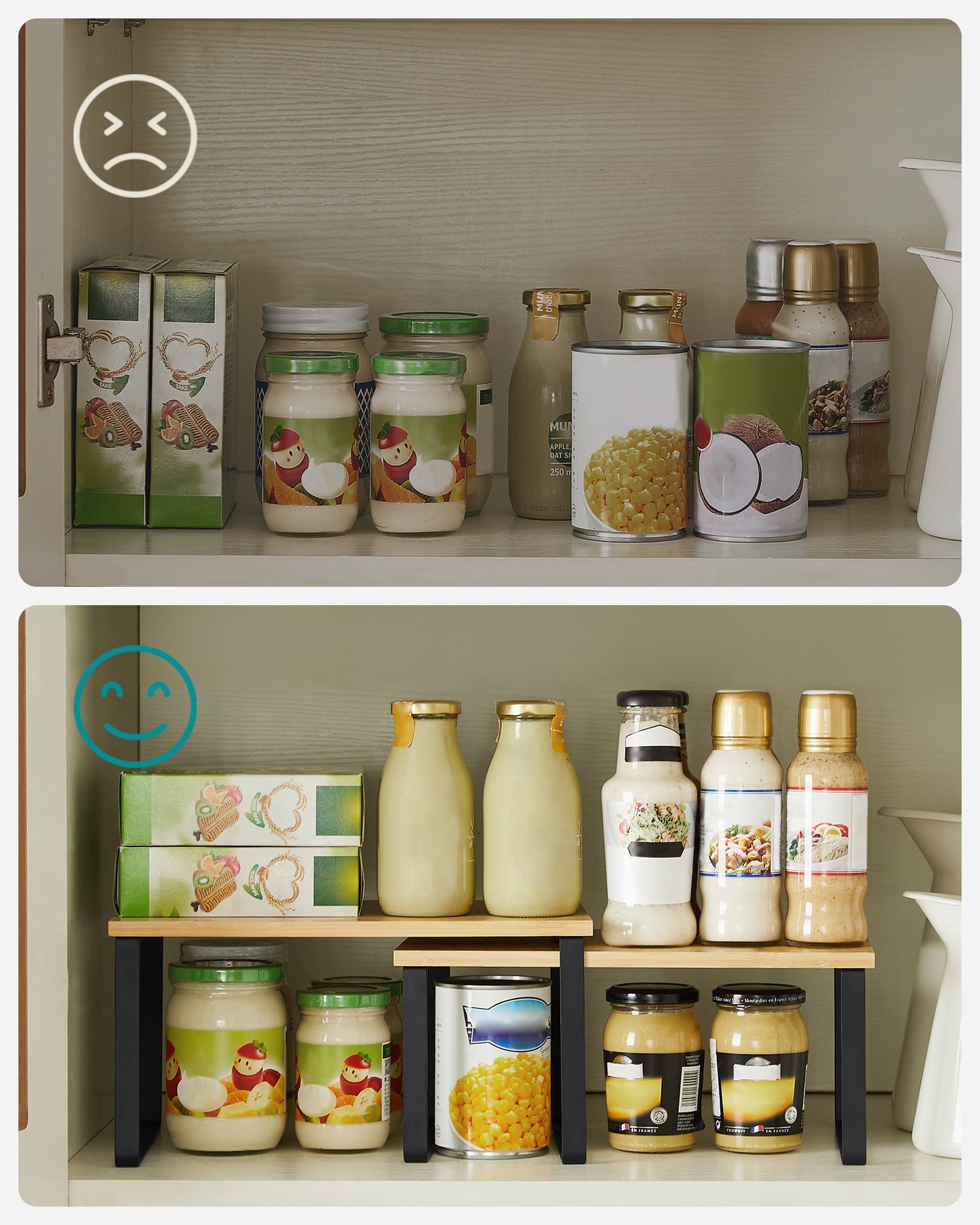 SONGMICS Cabinet Shelf Organizers, Set of 4 Kitchen Counter Shelves, Stackable, Expandable Spice Racks, Metal and Engineered Wood, White and Natural