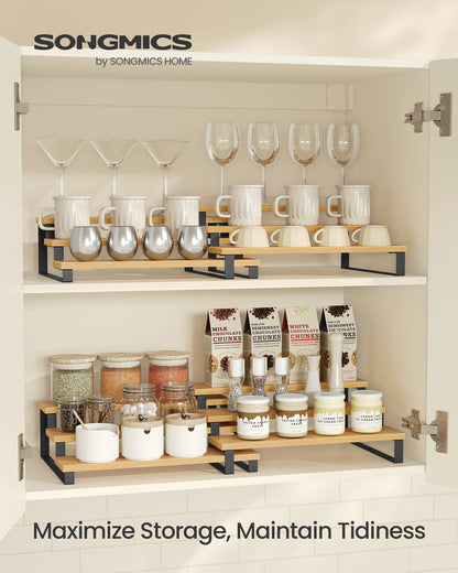 Bamboo Display Risers - Set of 2 Perfume Organizer Stands, 3 Tier Cupcake Holder, Spice Rack - Shelf Risers for Figures, Dessert Shelves