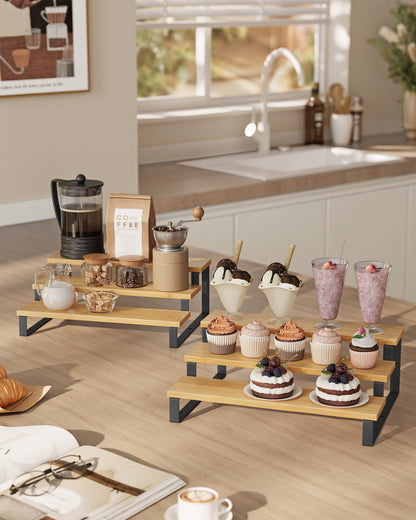 Bamboo Display Risers - Set of 2 Perfume Organizer Stands, 3 Tier Cupcake Holder, Spice Rack - Shelf Risers for Figures, Dessert Shelves