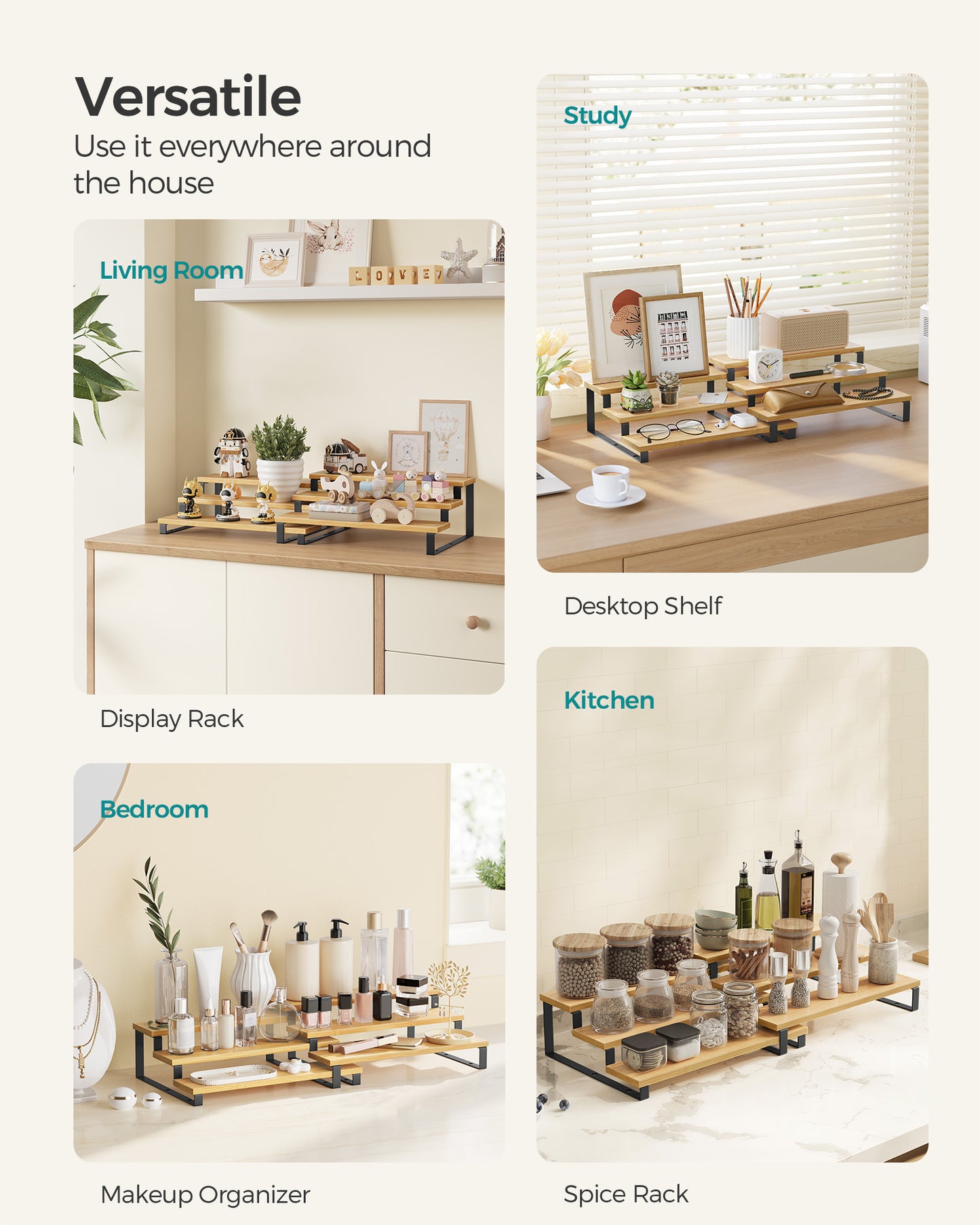 Bamboo Display Risers - Set of 2 Perfume Organizer Stands, 3 Tier Cupcake Holder, Spice Rack - Shelf Risers for Figures, Dessert Shelves