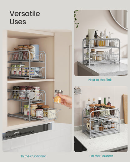2-Tier Pull Out Cabinet Organizers, Under Sink Organizer, Bathroom Organizer and Storage, Sliding Basket Drawers, Stackable, Silver