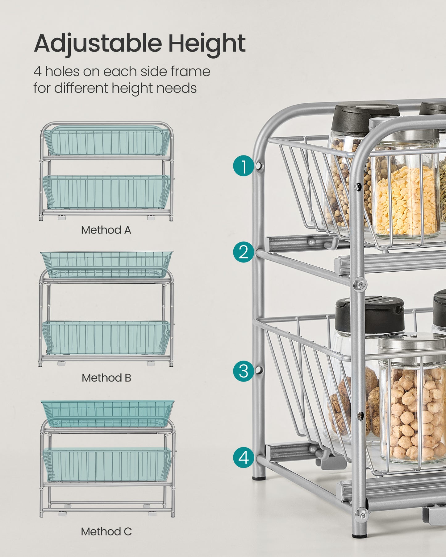 2-Tier Pull Out Cabinet Organizers, Under Sink Organizer, Bathroom Organizer and Storage, Sliding Basket Drawers, Stackable, Silver