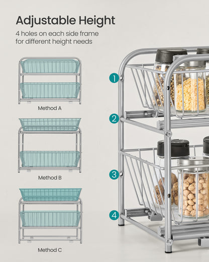 2-Tier Pull Out Cabinet Organizers, Under Sink Organizer, Bathroom Organizer and Storage, Sliding Basket Drawers, Stackable, Silver