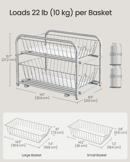 2-Tier Pull Out Cabinet Organizers, Under Sink Organizer, Bathroom Organizer and Storage, Sliding Basket Drawers, Stackable, Silver