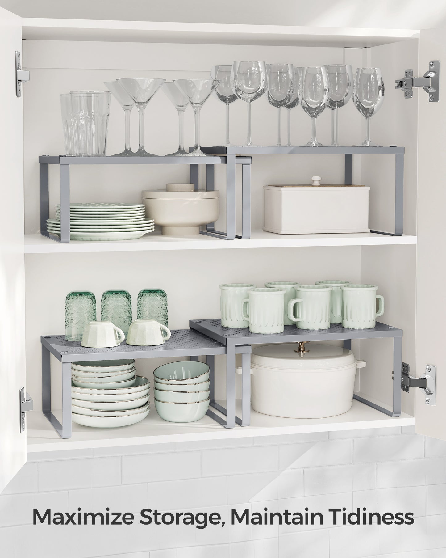 2 Pack Spice Rack, Cabinet Shelf Organizers, Shelf Organizer, Countertop Organizer, Shelf Riser, Stackable, Metal Kitchen Counter Shelves, Silver
