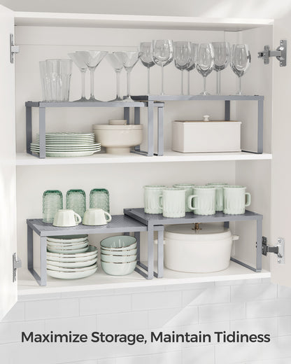 2 Pack Spice Rack, Cabinet Shelf Organizers, Shelf Organizer, Countertop Organizer, Shelf Riser, Stackable, Metal Kitchen Counter Shelves, Silver