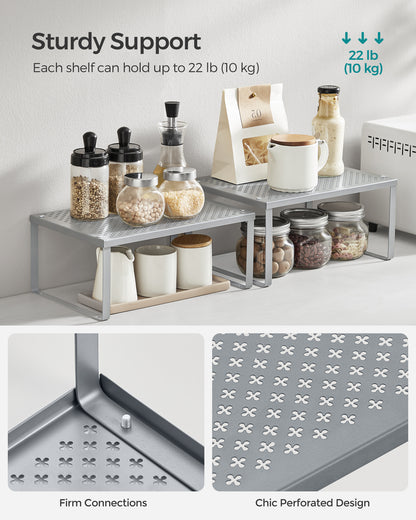 2 Pack Spice Rack, Cabinet Shelf Organizers, Shelf Organizer, Countertop Organizer, Shelf Riser, Stackable, Metal Kitchen Counter Shelves, Silver