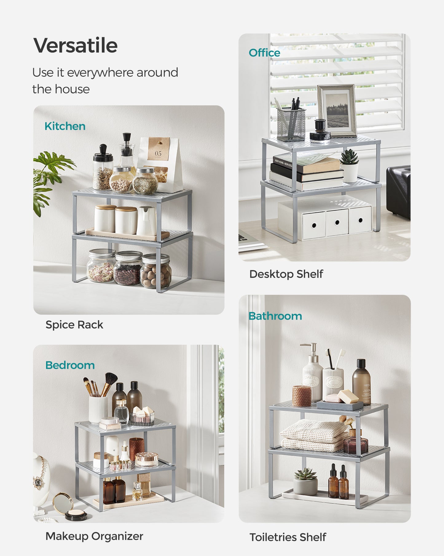 2 Pack Spice Rack, Cabinet Shelf Organizers, Shelf Organizer, Countertop Organizer, Shelf Riser, Stackable, Metal Kitchen Counter Shelves, Silver