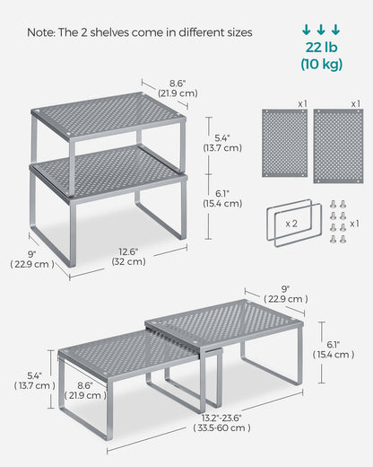 2 Pack Spice Rack, Cabinet Shelf Organizers, Shelf Organizer, Countertop Organizer, Shelf Riser, Stackable, Metal Kitchen Counter Shelves, Silver