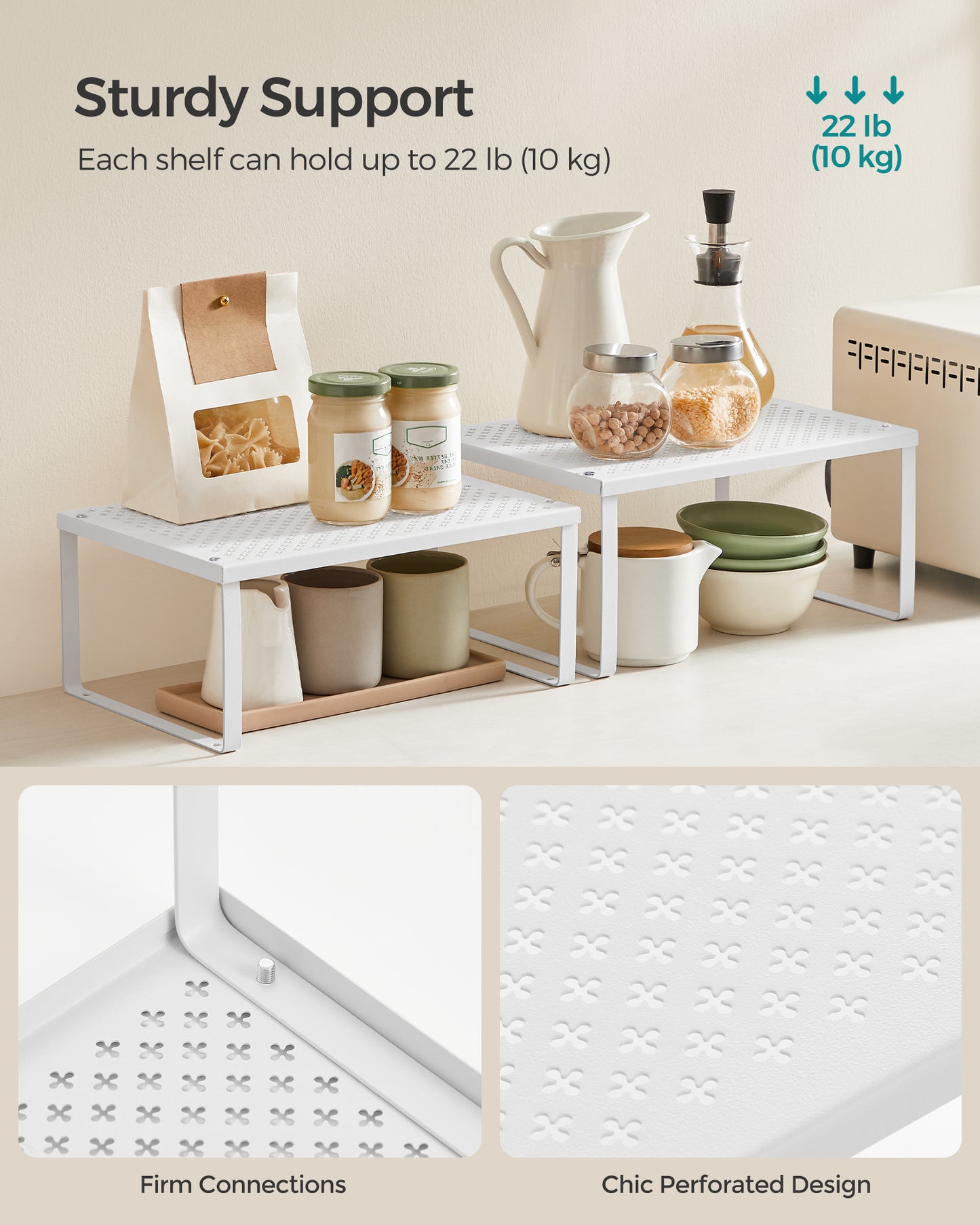 SONGMICS Cabinet Shelf Organizers, Countertop Organizer, Shelf Riser, Stackable, Expandable, Set of 2 Metal Kitchen Counter Shelves, White