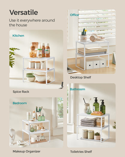 SONGMICS Spice Rack, Cabinet Shelf Organizers, Shelf Organizer, Countertop Organizer, Shelf Riser, Stackable, Expandable, Set of 4, White