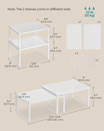 SONGMICS Spice Rack, Cabinet Shelf Organizers, Shelf Organizer, Countertop Organizer, Shelf Riser, Stackable, Expandable, Set of 4, White