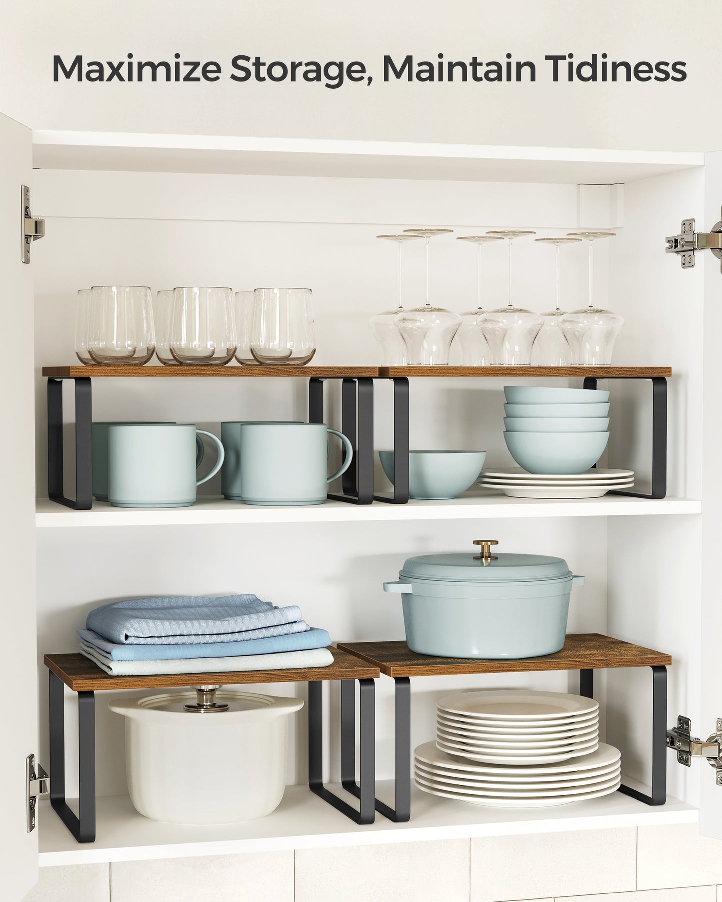 Cabinet Organizer Shelf, Set of 2 Kitchen Counter Shelves, Kitchen Storage, Spice Rack, Stackable, Expandable, Metal and Engineered Wood