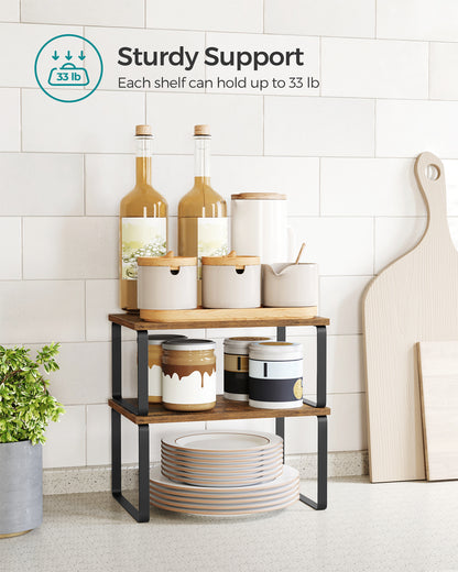 Cabinet Organizer Shelf, Set of 2 Kitchen Counter Shelves, Kitchen Storage, Spice Rack, Stackable, Expandable, Metal and Engineered Wood