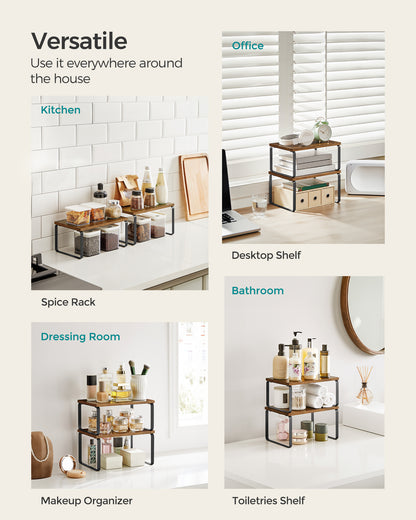 Cabinet Organizer Shelf, Set of 2 Kitchen Counter Shelves, Kitchen Storage, Spice Rack, Stackable, Expandable, Metal and Engineered Wood