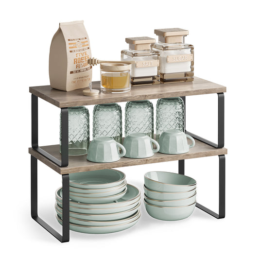 Cabinet Organizer Shelf, Set of 4 Kitchen Counter Shelves, Kitchen Storage, Spice Rack, Stackable, Expandable, Metal and Engineered Wood, Ink Black and Heather Greige