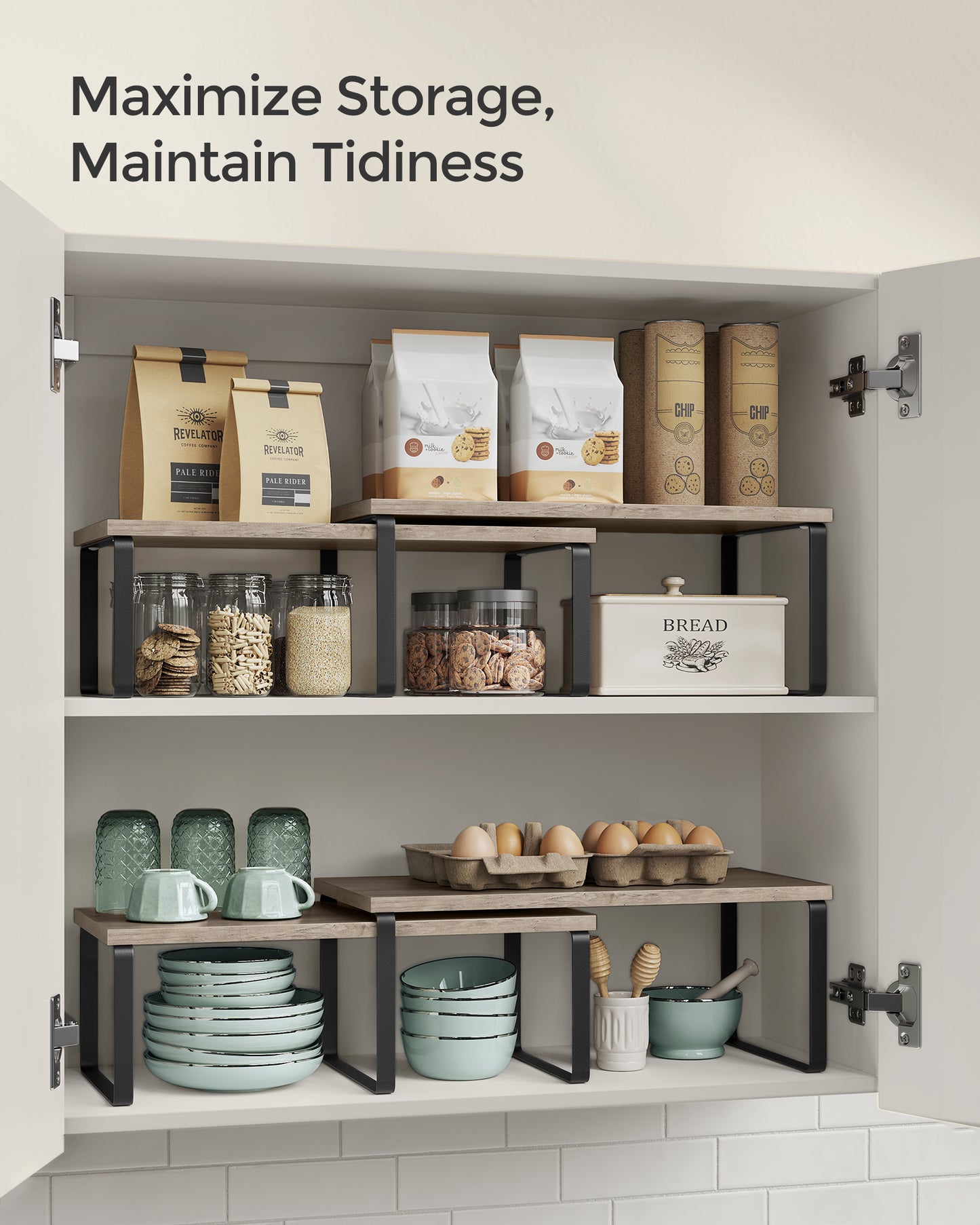 Cabinet Organizer Shelf, Set of 4 Kitchen Counter Shelves, Kitchen Storage, Spice Rack, Stackable, Expandable, Metal and Engineered Wood, Ink Black and Heather Greige