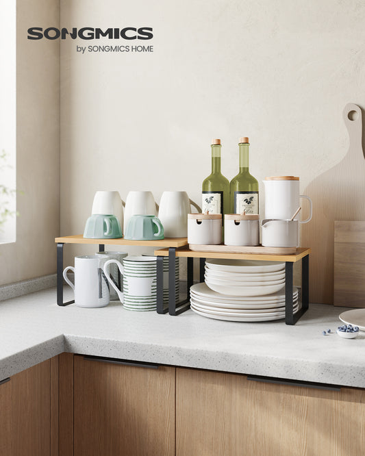 2 Pack Cabinet Organizer Shelf, Kitchen Counter Shelves, Kitchen Storage, Spice Rack, Stackable, Metal and Wood, Ink Black and Natural Beige