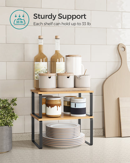 2 Pack Cabinet Organizer Shelf, Kitchen Counter Shelves, Kitchen Storage, Spice Rack, Stackable, Metal and Wood, Ink Black and Natural Beige