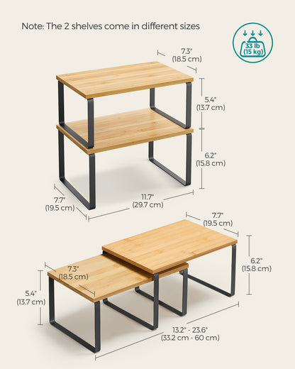 2 Pack Cabinet Organizer Shelf, Kitchen Counter Shelves, Kitchen Storage, Spice Rack, Stackable, Metal and Wood, Ink Black and Natural Beige