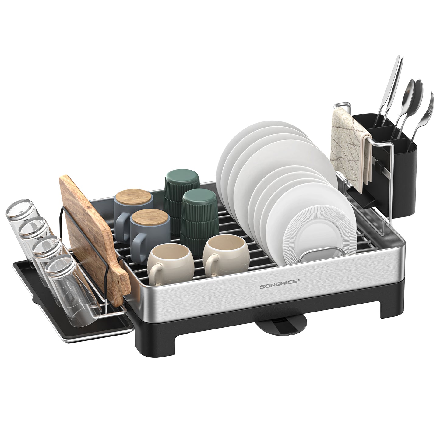 SONGMICS Dish Drying Rack, Premium Stainless Steel Dish Rack with Rotatable Spout, Fingerprint-Resistant Dish Drainers for Kitchen Counter, 12.5 x 22.5 In, Silver and Black