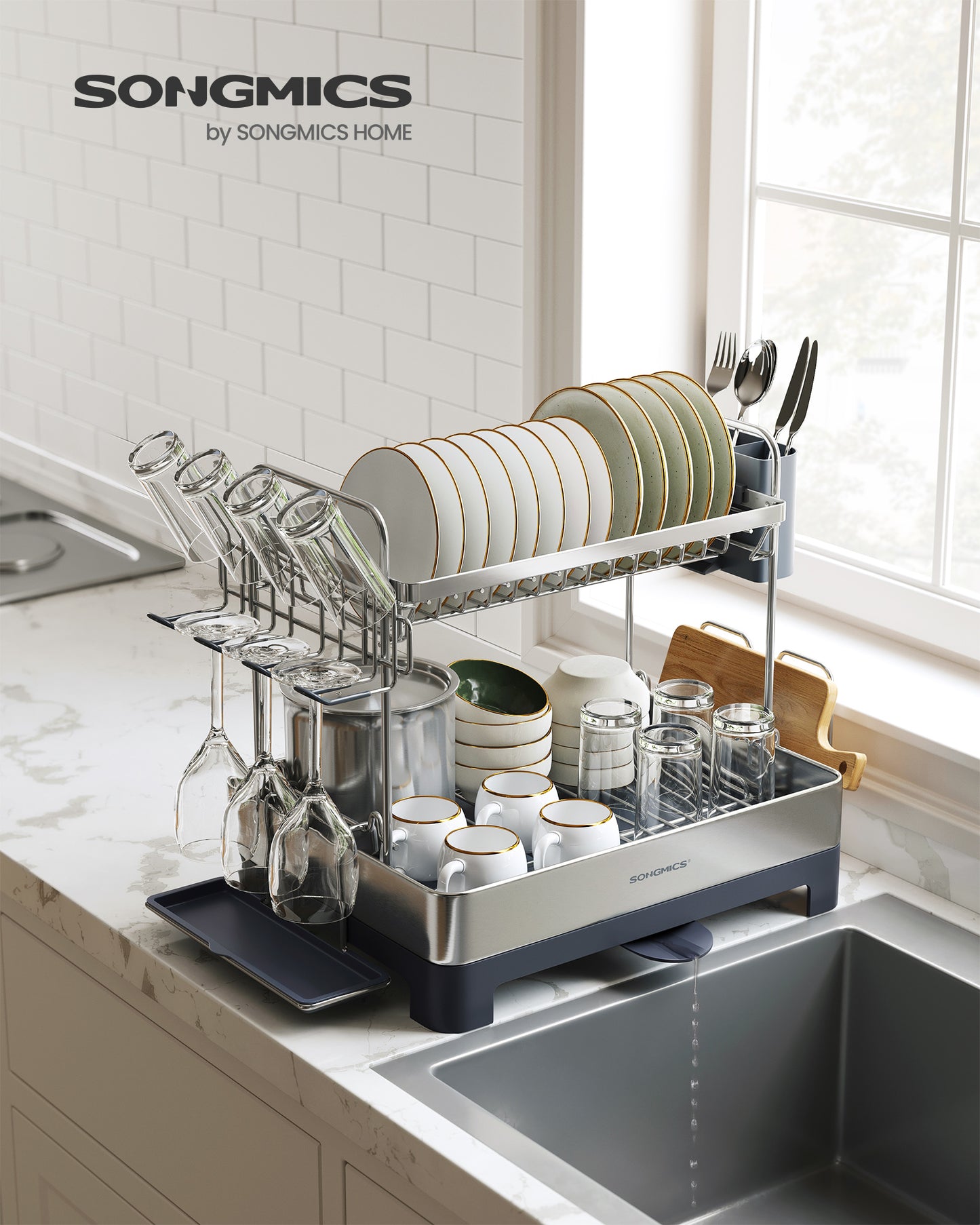 Dish Drying Rack - 2 Tier Dish Rack for Kitchen Counter with Rotatable and Extendable Drain Spout, Silver and Gray