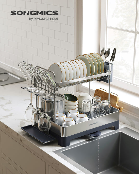 Dish Drying Rack - 2 Tier Dish Rack for Kitchen Counter with Rotatable and Extendable Drain Spout, Silver and Gray