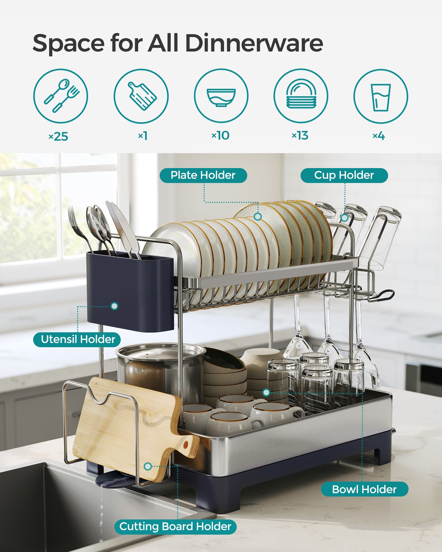 Dish Drying Rack - 2 Tier Dish Rack for Kitchen Counter with Rotatable and Extendable Drain Spout, Silver and Gray