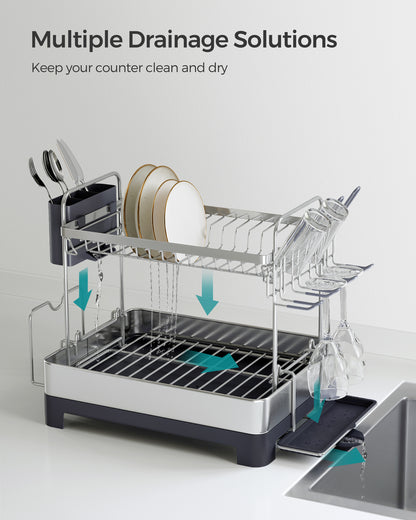 Dish Drying Rack - 2 Tier Dish Rack for Kitchen Counter with Rotatable and Extendable Drain Spout, Silver and Gray