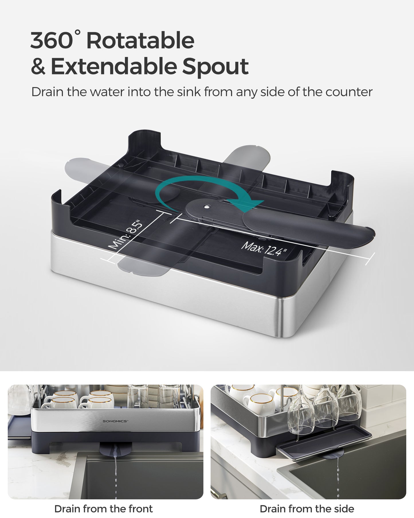 Dish Drying Rack - 2 Tier Dish Rack for Kitchen Counter with Rotatable and Extendable Drain Spout, Silver and Gray