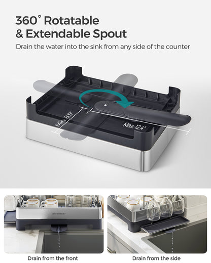 Dish Drying Rack - 2 Tier Dish Rack for Kitchen Counter with Rotatable and Extendable Drain Spout, Silver and Gray