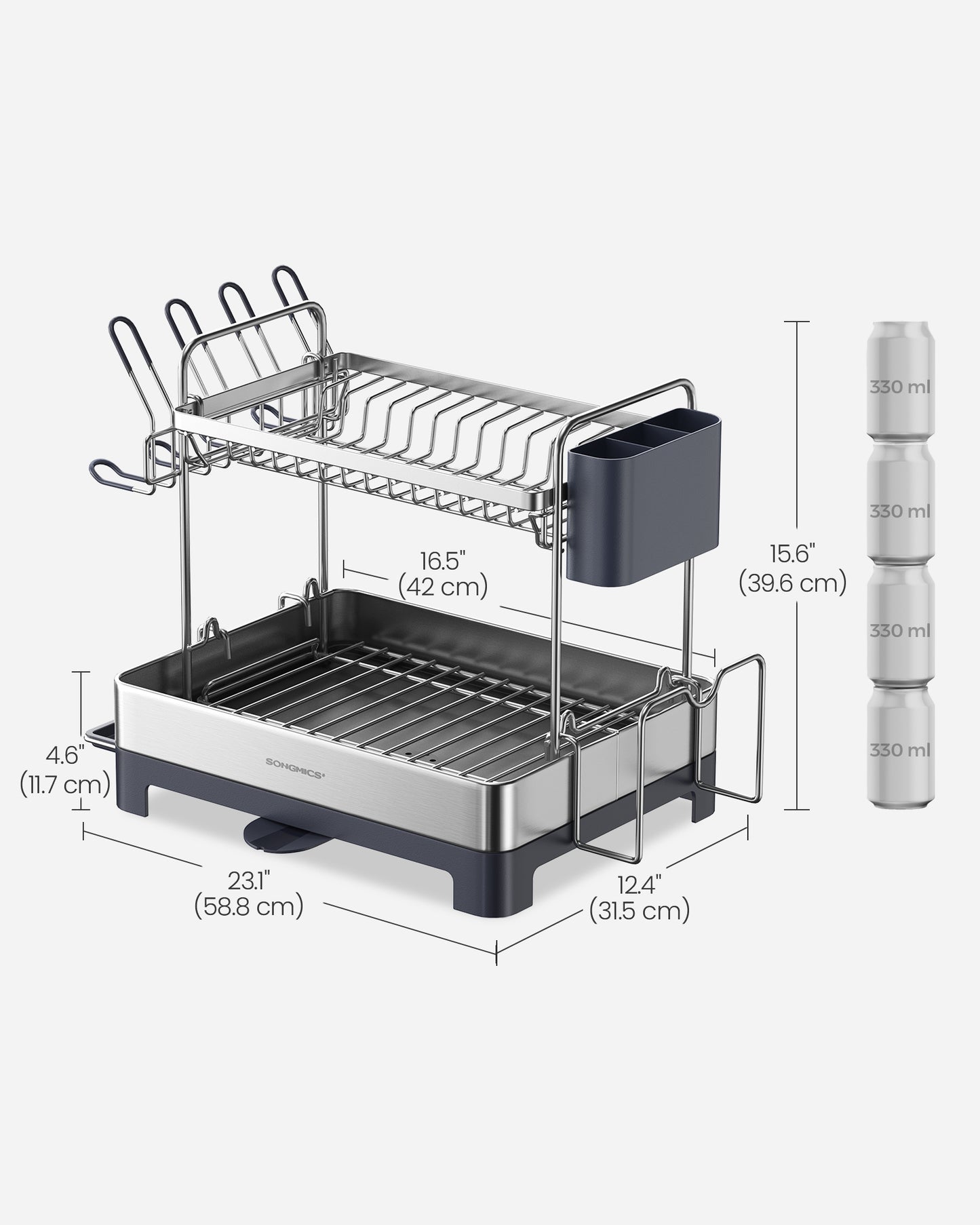 Dish Drying Rack - 2 Tier Dish Rack for Kitchen Counter with Rotatable and Extendable Drain Spout, Silver and Gray