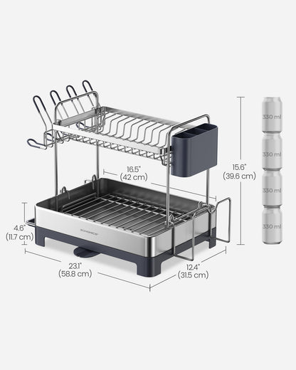 Dish Drying Rack - 2 Tier Dish Rack for Kitchen Counter with Rotatable and Extendable Drain Spout, Silver and Gray