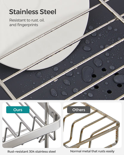 Dish Drying Rack - 2 Tier Dish Rack for Kitchen Counter with Rotatable and Extendable Drain Spout, Silver and Gray
