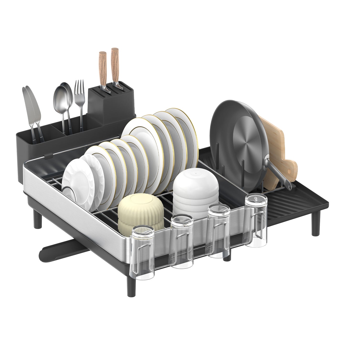 Large Dish Drying Rack, Expandable Dish Dryer for Kitchen Counter, Stainless Steel Dish Rack with Rotatable Spout, Utensil, Cup, Glass, Cutting Board, Pan Holders, Silver and Black