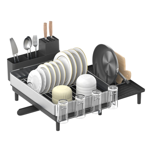Large Dish Drying Rack, Expandable Dish Dryer for Kitchen Counter, Stainless Steel Dish Rack with Rotatable Spout, Utensil, Cup, Glass, Cutting Board, Pan Holders, Silver and Black