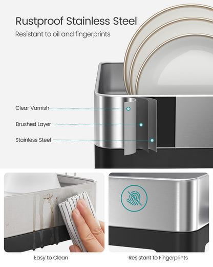 Large Dish Drying Rack, Expandable Dish Dryer for Kitchen Counter, Stainless Steel Dish Rack with Rotatable Spout, Utensil, Cup, Glass, Cutting Board, Pan Holders, Silver and Black